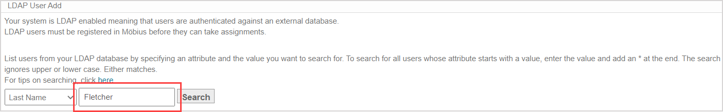 LDAP User Add menu; textbox next to dropdown is highlighted, Last Name is selected in the Attribute dropdown,